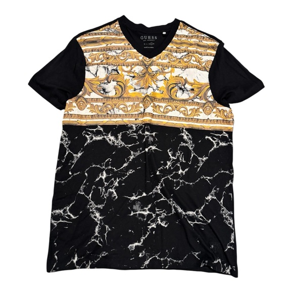 NWOT GUESS Black & Gold Baroque Marble V-Neck Tee – Luxe Designer Clubwear - Picture 2 of 6